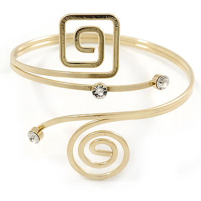 Polished Gold Tone, Crystal Swirl Cirle and Square Motif Upper Arm, Armlet Bracelet - 27cm L - Adjustable - main view