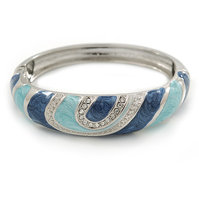 Cobalt Blue/ Azure Enamel Crystal Hinged Bangle Bracelet In Silver Tone - 18cm L - main view