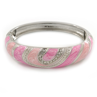 Pink Enamel Crystal Hinged Bangle Bracelet In Silver Tone - 18cm L - main view