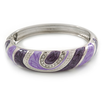 Purple/ Violet Enamel Crystal Hinged Bangle Bracelet In Silver Tone - 18cm L - main view