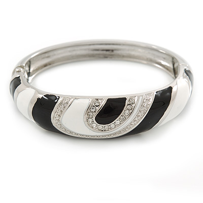 Black/ White Enamel Crystal Hinged Bangle Bracelet In Silver Tone - 18cm L - main view