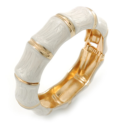 Whtie Enamel Segmental Hinged Bangle Bracelet In Gold Plating - 19cm L - main view