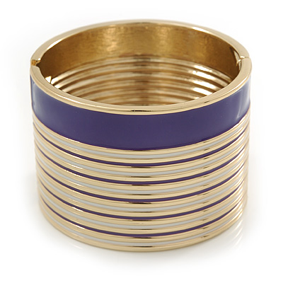 Wide Purple/ White Enamel Stripy Hinged Bangle In Gold Plating - 19cm L - main view