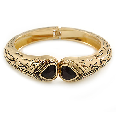 Vintage Inspired Double Heart Etched Hinged Bangle Bracelet In Gold Tone - 18cm L - main view