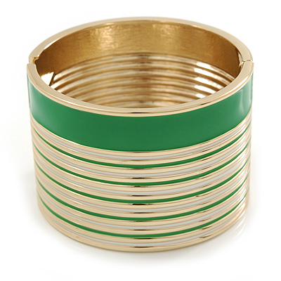 Wide Grass Green/ White Enamel Stripy Hinged Bangle In Gold Plating - 19cm L - main view