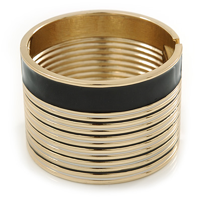 Black Enamel Hinged Bangle Bracelet In Gold Plating 19cm L