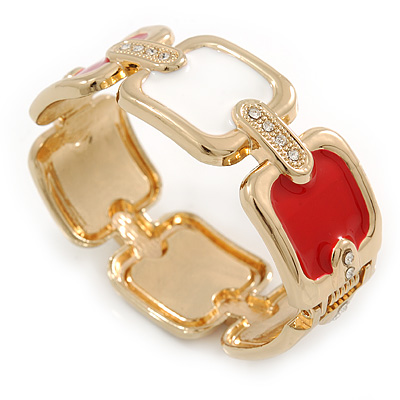 Cream/ Red Enamel Square, Crystal Hinged Bangle Bracelet In Gold Tone - 19cm L - main view