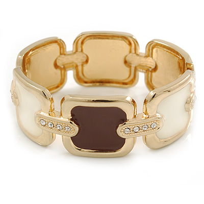 Cream/ Brown Enamel Square, Crystal Hinged Bangle Bracelet In Gold Tone - 19cm L - main view