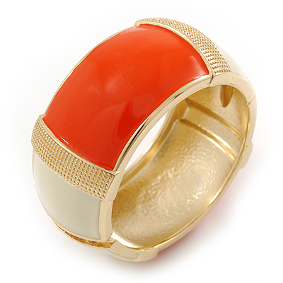 Chunky Cream/ Orange Enamel Hinged Bangle Bracelet In Gold Tone - 19cm L - main view
