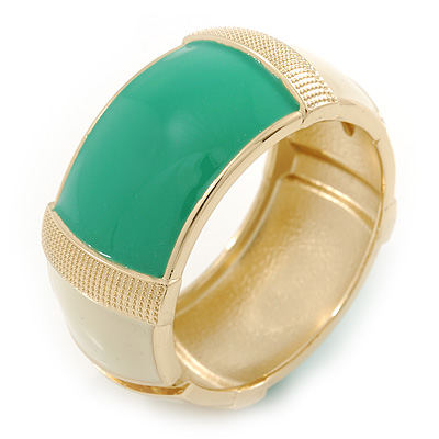 Chunky Cream/ Green Enamel Hinged Bangle Bracelet In Gold Tone - 19cm L - main view