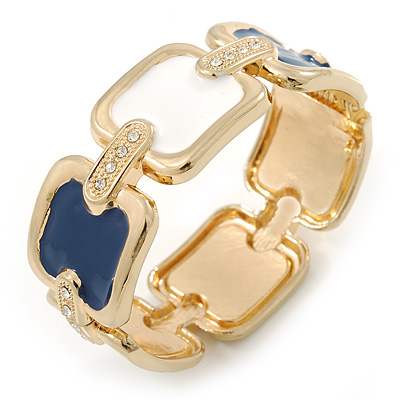 Navy Blue/ White Enamel Square, Crystal Hinged Bangle Bracelet In Gold Tone - 19cm L - main view