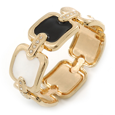 Black/ White Enamel Square, Crystal Hinged Bangle Bracelet In Gold Tone - 19cm L - main view