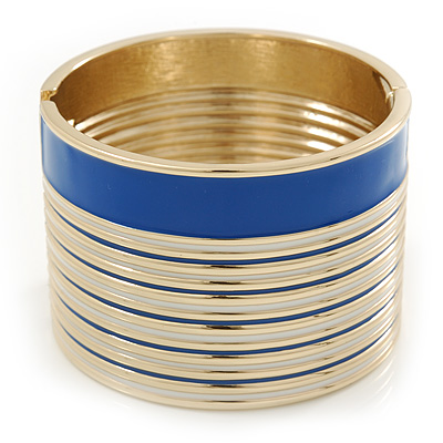 Wide Royal Blue/ White Enamel Stripy Hinged Bangle In Gold Plating - 19cm L - main view