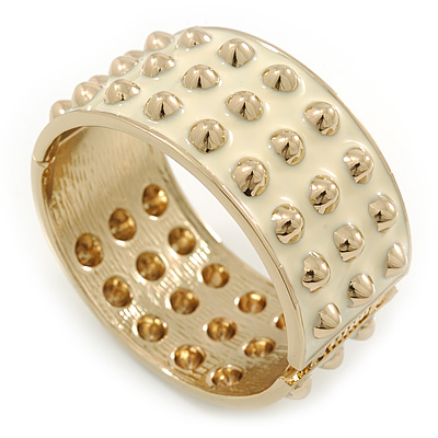 Chunky Milky White Enamel Spiked Hinged Bangle In Gold Plating - 19cm L - main view