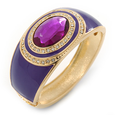 Purple Enamel Crystal Hinged Bangle Bracelet In Gold Plating - 18cm L - main view