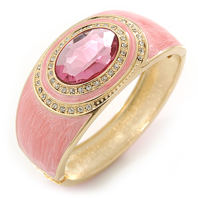 Dusty Pink Enamel Crystal Hinged Bangle Bracelet In Gold Plating - 18cm L - main view