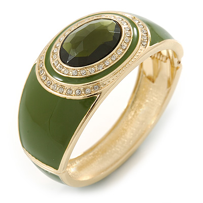 Olive Green Enamel Crystal Hinged Bangle Bracelet In Gold Plating - 18cm L - main view