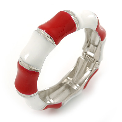 Red/ White Enamel Segmental Hinged Bangle Bracelet In Rhodium Plating - 19cm L - main view