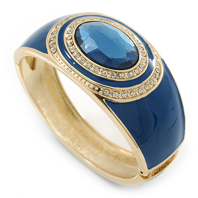 Navy Blue Enamel Crystal Hinged Bangle Bracelet In Gold Plating - 18cm L - main view