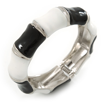 Black/ White Enamel Segmental Hinged Bangle Bracelet In Rhodium Plating - 19cm L - main view