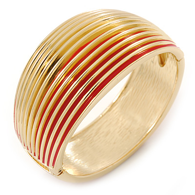 Red Enamel, 'Ruffled' Hinged Bangle Bracelet In Gold Plating - 19cm L - main view
