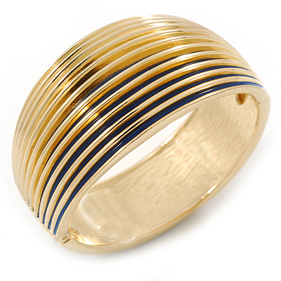 Royal Blue Enamel Ruffled Hinged Bangle Bracelet In Gold Plating - 19cm L - main view