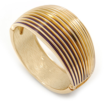 Purple Enamel Ruffled Hinged Bangle Bracelet In Gold Plating - 19cm L - main view