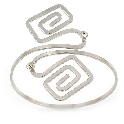 Polished Silver Tone Swirl Squares Upper Arm, Armlet Bracelet - 27cm L - Adjustable - main view