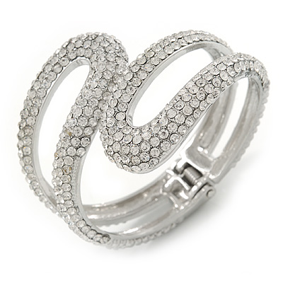 Clear Crystal Double Loop Hinged Bangle In Silver Plating - up to 20cm L