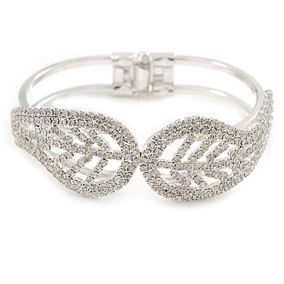 Silver Plated Clear Crystal Leaf Hinged Bangle Bracelet - up to 19cm L - main view