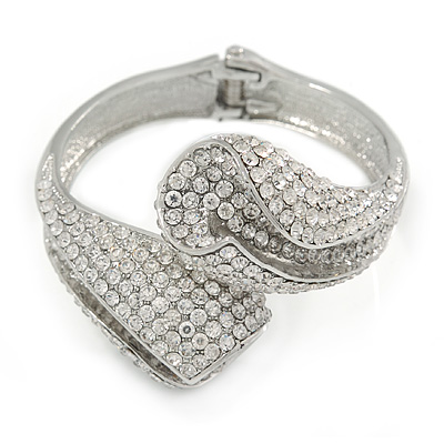 Clear Crystal Double Leaf Hinged Bangle In Silver Plating - up to 20cm L - main view