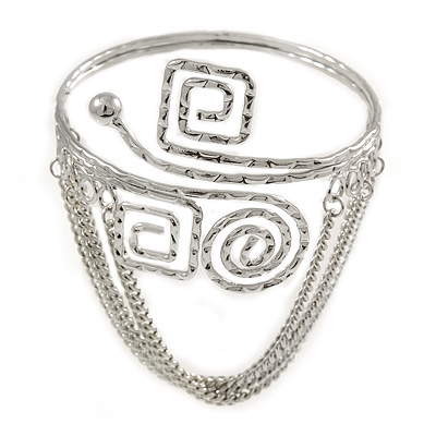 Silver Tone Swirl & Square Hammered Upper Arm/ Armlet Bracelet with Chains - Adjustable - main view