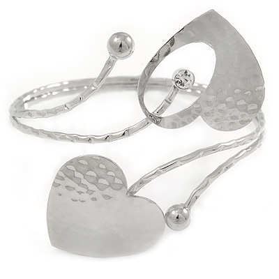 Silver Plated Hammered Double Heart Armlet Bangle - Adjustable