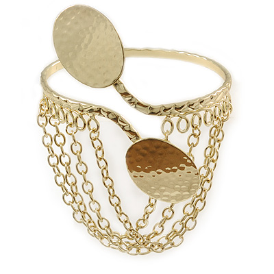 Gold Tone Double Oval Disk Hammered Upper Arm/ Armlet Bracelet with Chains - Adjustable - main view