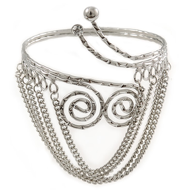 Silver Tone Swirls Hammered Upper Arm/ Armlet Bracelet with Chains - Adjustable - main view