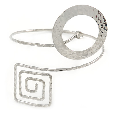Hammered Open Circle And Square Upper Arm/ Armlet Bracelet In Silver Tone - Adjustable - main view