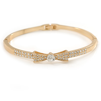 Gold Plated Clear Crystal Bow Bangle Bracelet - 18cm L - main view