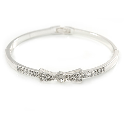 Rhodium Plated Clear Crystal Bow Bangle Bracelet - 18cm L - main view