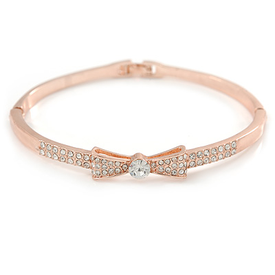 Rose Gold Metal Clear Crystal Bow Bangle Bracelet - 18cm L - main view