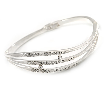 Clear Crystal  Bangle Bracelet In Rhodium Plated Metal - 18cm L - main view