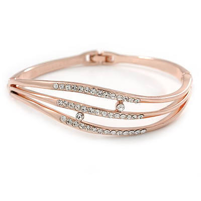 Clear Crystal Bangle Bracelet In Rose Gold Tone Metal - 18cm L