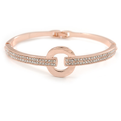 Clear Crystal Open Eternity Circle of Love Bangle Bracelet In Rose Gold Tone Metal - 19cm L - main view