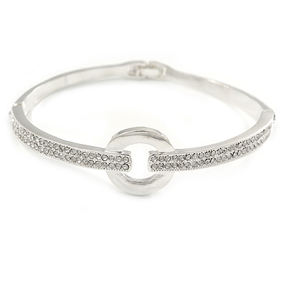 Clear Crystal Open Eternity Circle of Love Bangle Bracelet In Rhodium Plated Metal - 19cm L - main view