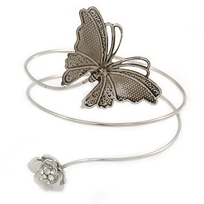 Vintage Inspired Hammered Butterfly & Flower Upper Arm, Armlet Bracelet In Silver Tone - 27cm Length - main view
