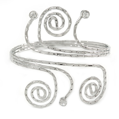 Silver Tone Hammered Circles And Swirls, Crystal Upper Arm/ Armlet Bracelet - Adjustable - main view