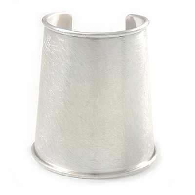 Egyptian Style Scratched Effect Wide Cuff Bangle Bracelet In Light Silver Tone Metal - Adjustable