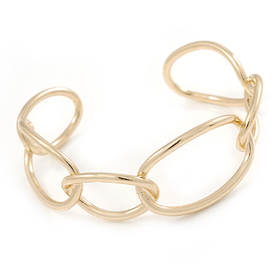 Polished Gold Tone Oval Link Cuff Bracelet - 19cm - Adjustable - main view