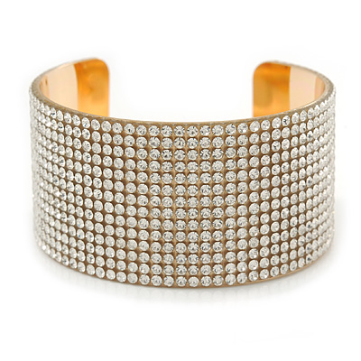 Statement Pave Set Clear Crystal Cuff Bracelet In Gold Tone - Up to 20cm L - main view