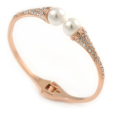 Delicate Crystal Simulated Glass Pearl Bead Hinged Bangle Bracelet In Rose Gold Tone - 18cm L - main view
