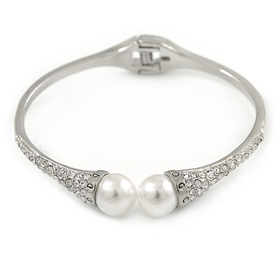 Delicate Crystal Simulated Glass Pearl Bead Hinged Bangle Bracelet In Rhodium Plating - 18cm L - main view